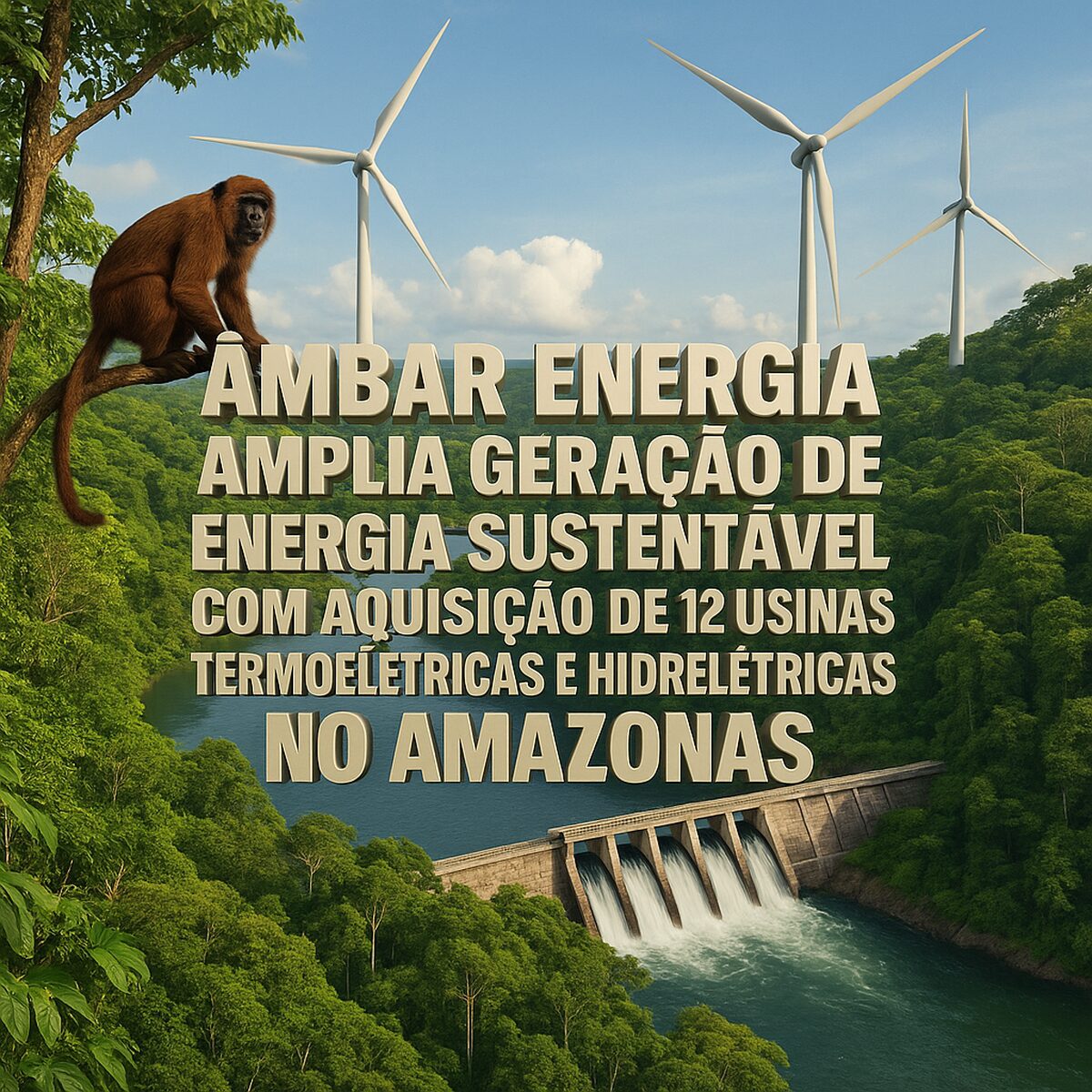 Imagem ilustrativa da Amazônia com turbinas eólicas, hidrelétrica e macaco em destaque, representando expansão da geração de energia sustentável pela Âmbar Energia.