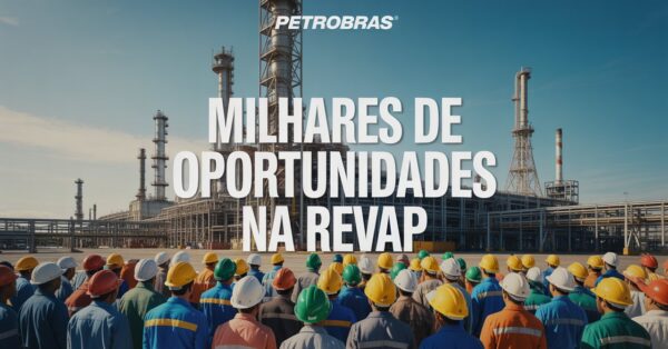 Multidão de operários de costas, com capacetes e uniformes variados, em frente à Refinaria Henrique Lage (Revap), com legenda “Revap abre 5.000 vagas” em destaque.