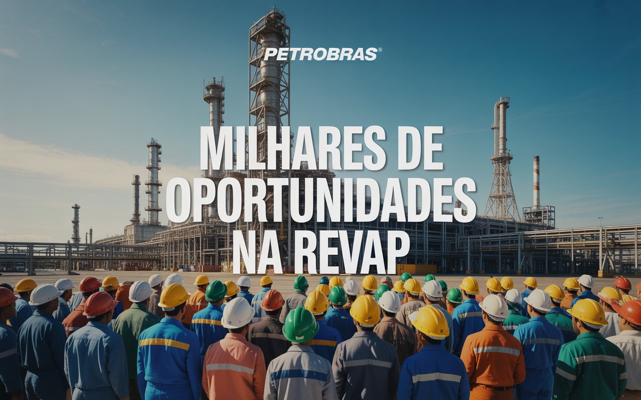 Multidão de operários de costas, com capacetes e uniformes variados, em frente à Refinaria Henrique Lage (Revap), com legenda “Revap abre 5.000 vagas” em destaque.