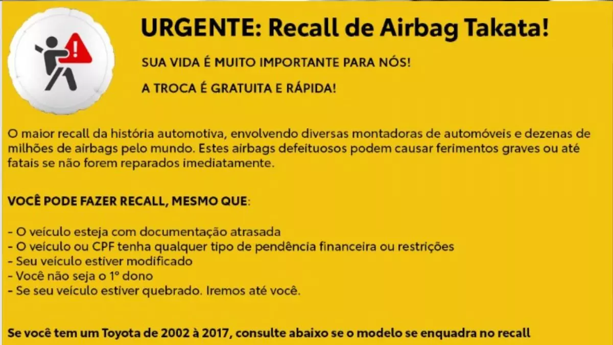 Toyota convoca recall de airbags en vehículos fabricados entre 2002 y 2017 por riesgo de falha grave