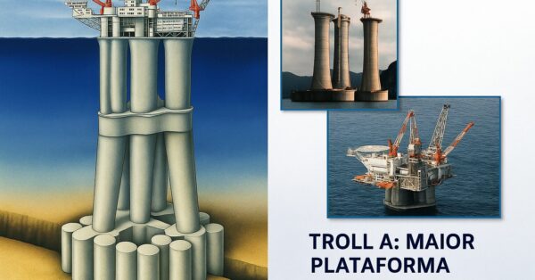 Troll A, a maior estrutura já movida pelo ser humano: com 1,2 milhão de toneladas, a maior plataforma offshore existente no mundo pesa mais que 10 Torres Eiffel e foi transportada por 200 km até o mar