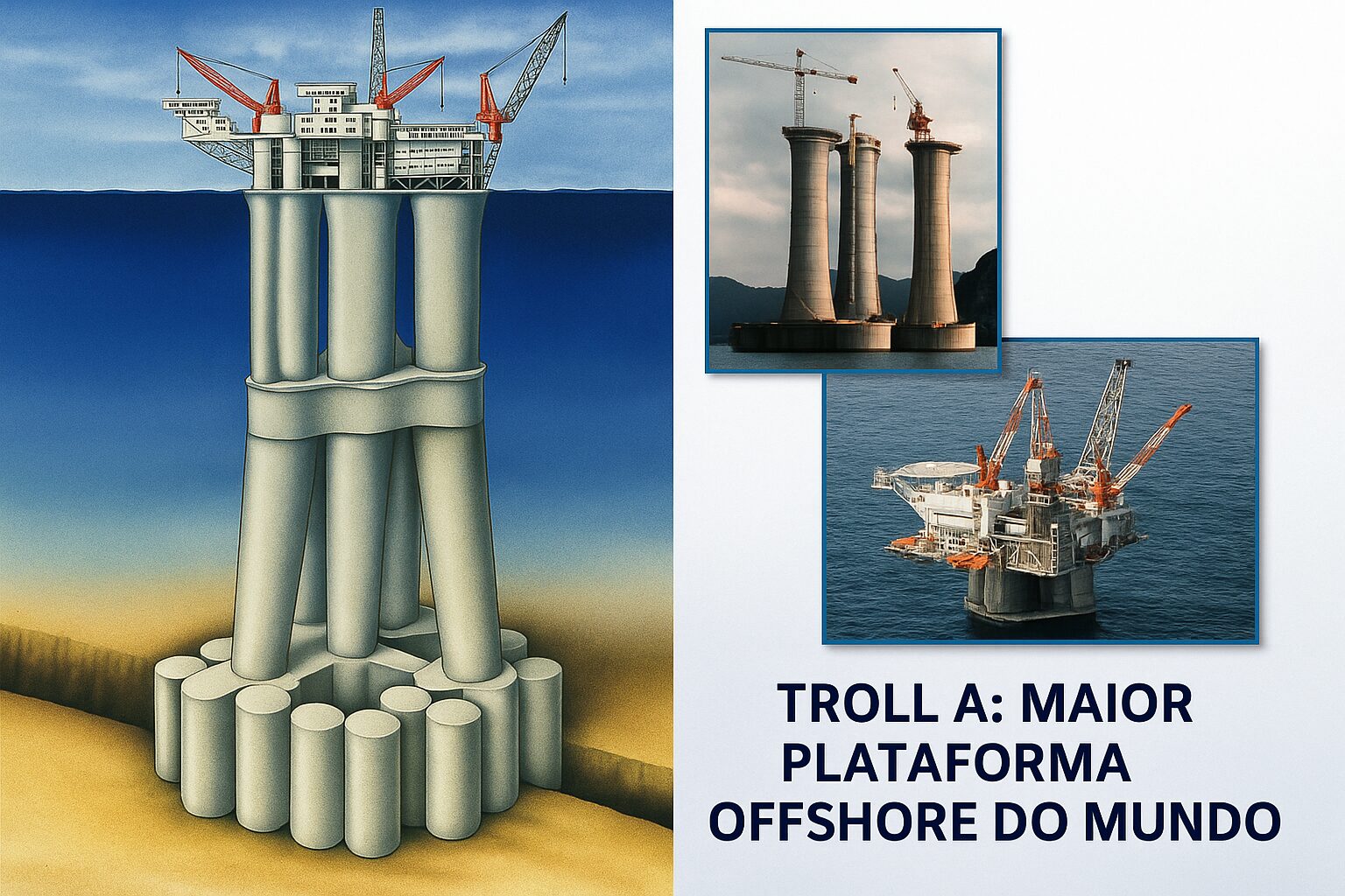 Troll A, a maior estrutura já movida pelo ser humano: com 1,2 milhão de toneladas, a maior plataforma offshore existente no mundo pesa mais que 10 Torres Eiffel e foi transportada por 200 km até o mar
