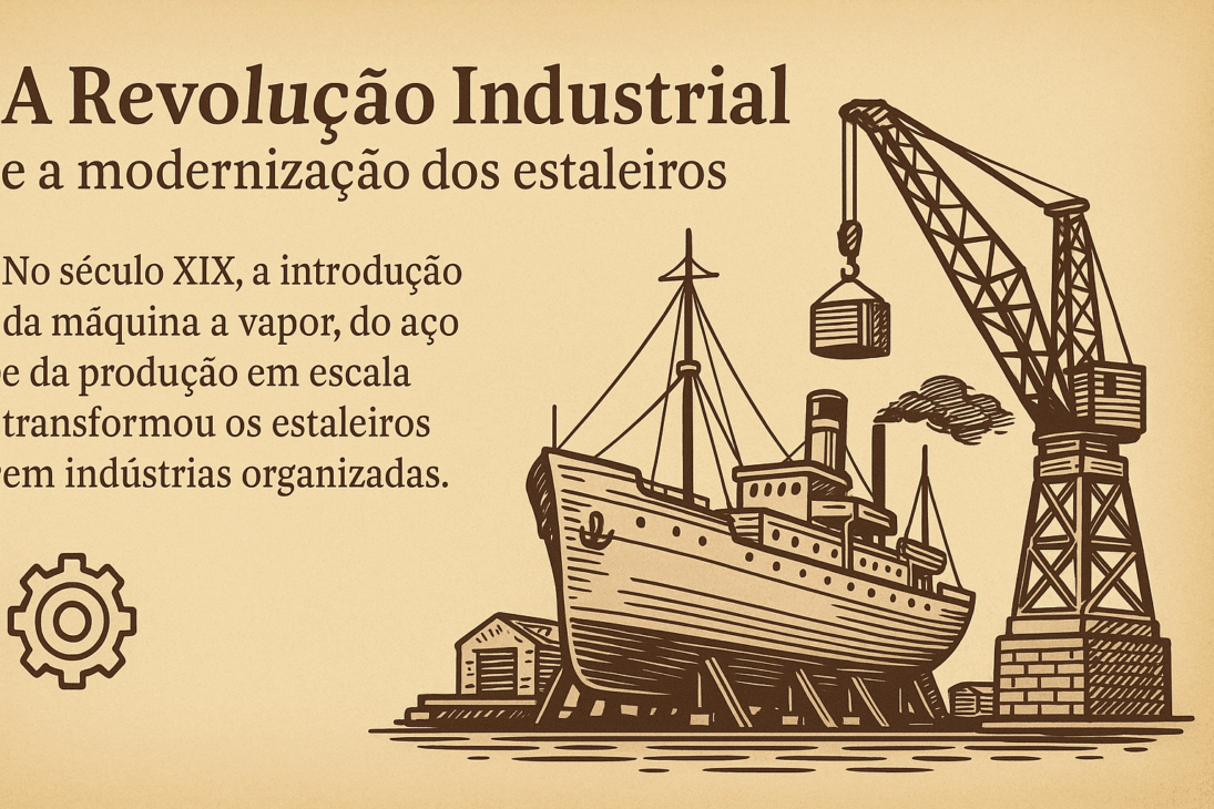Infografía vintage ilustrando un barco de vapor siendo construido en un astillero con grúa industrial, representando los cambios en la construcción naval durante el siglo XIX.