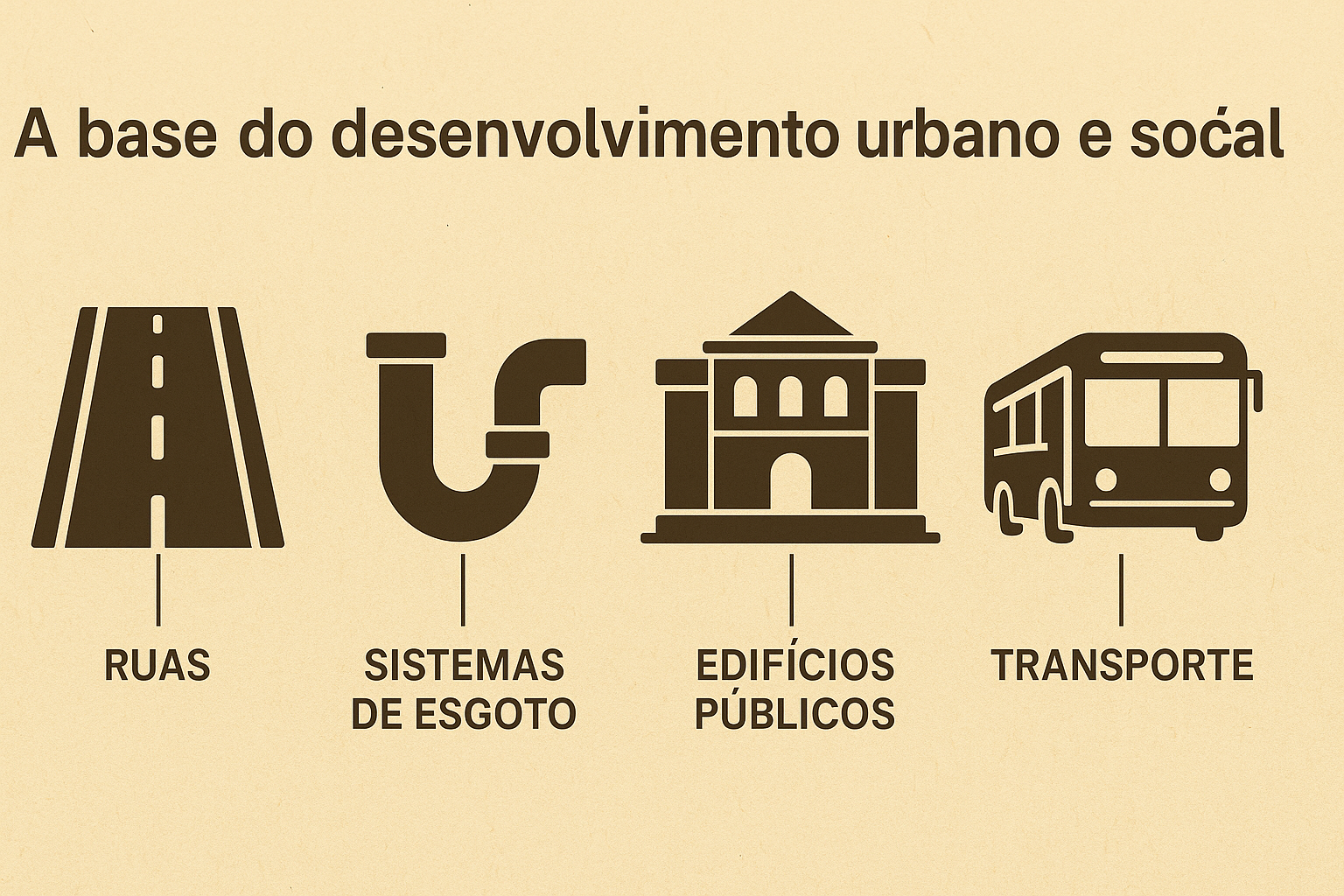 Infografía ilustrando elementos esenciales de la infraestructura urbana: calles, sistemas de alcantarillado, edificios públicos y transporte colectivo.