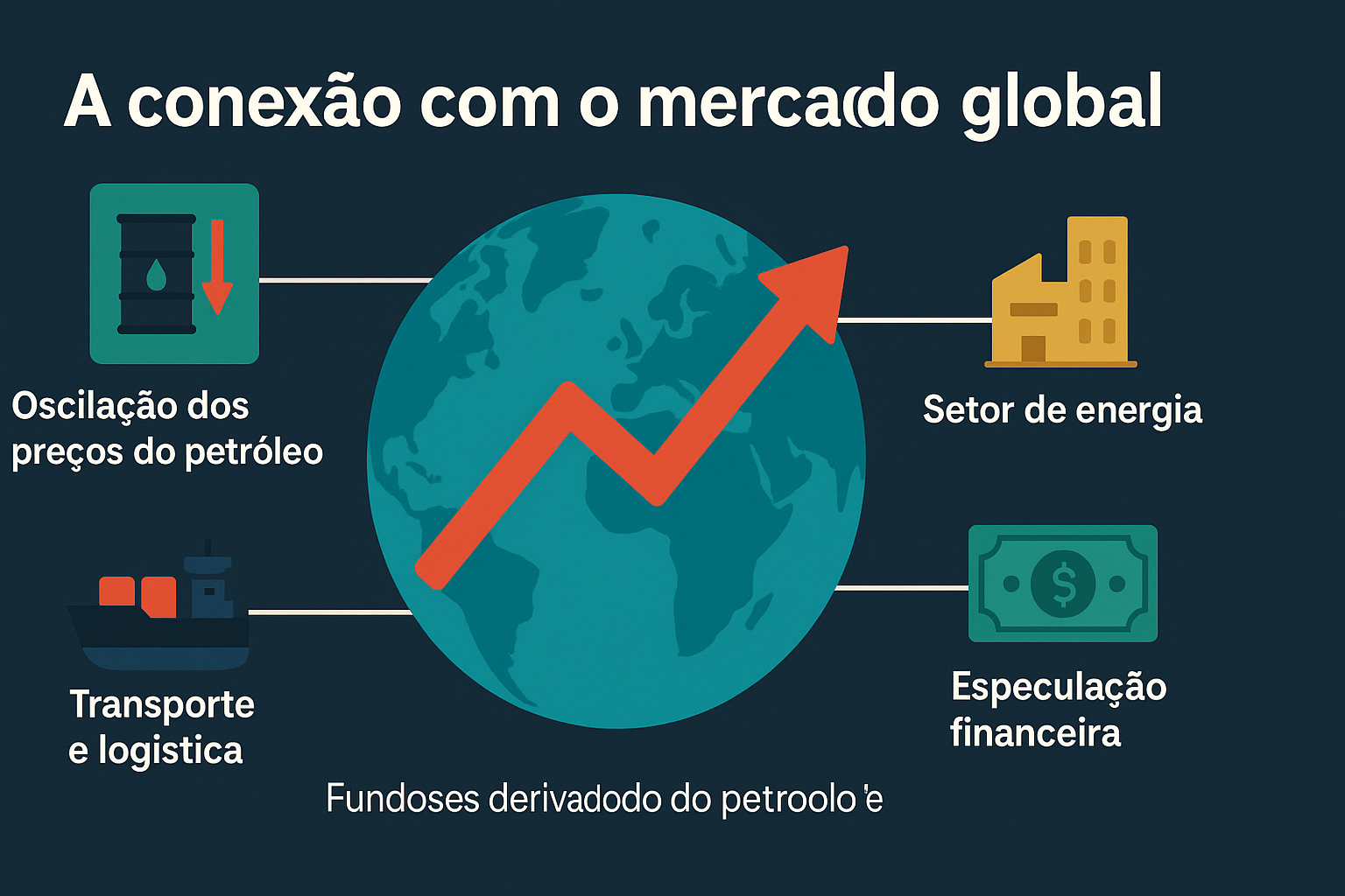 Infográfico ilustrando a conexão dos materiais derivados do petróleo com o mercado global, com ícones representando a oscilação dos preços, setor de energia, transporte e logística, e especulação financeira.