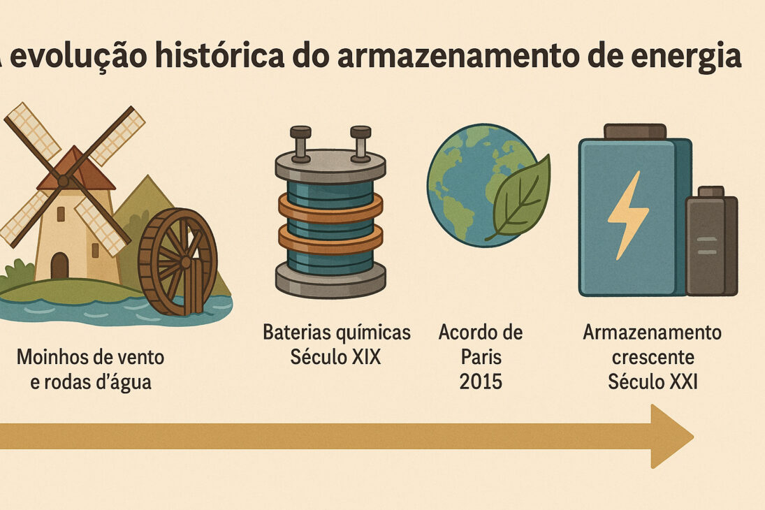 Infográfico Con Línea Del Tiempo Ilustrada Mostrando La Evolución Histórica Del Almacenamiento De Energía, Con Íconos Representando Molinos Antiguos, Baterías Químicas, El Acuerdo De París Y Baterías Modernas.