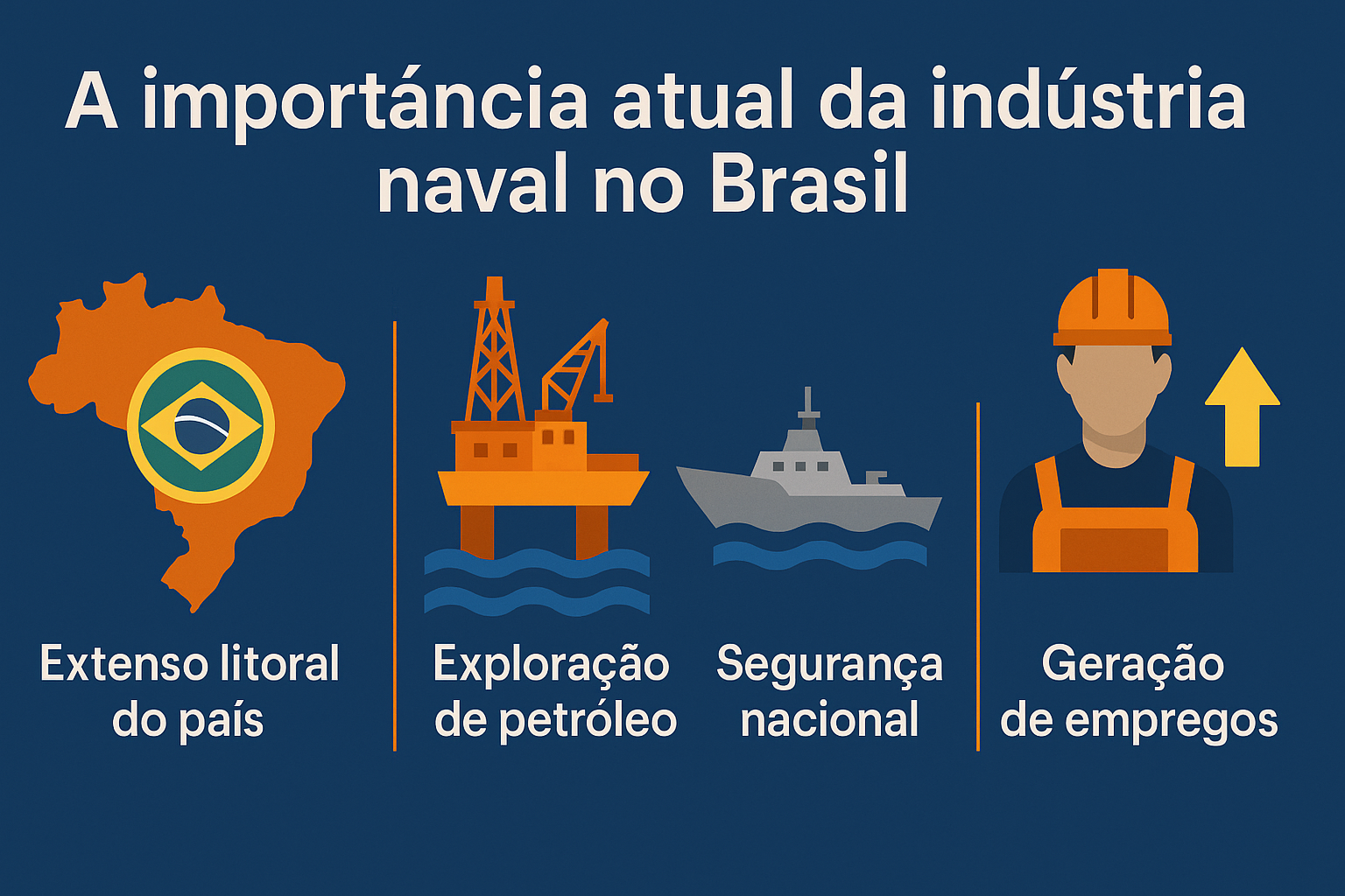 Infográfico em estilo flat design destacando quatro pilares da indústria naval brasileira: litoral extenso, exploração de petróleo, segurança nacional e geração de empregos.