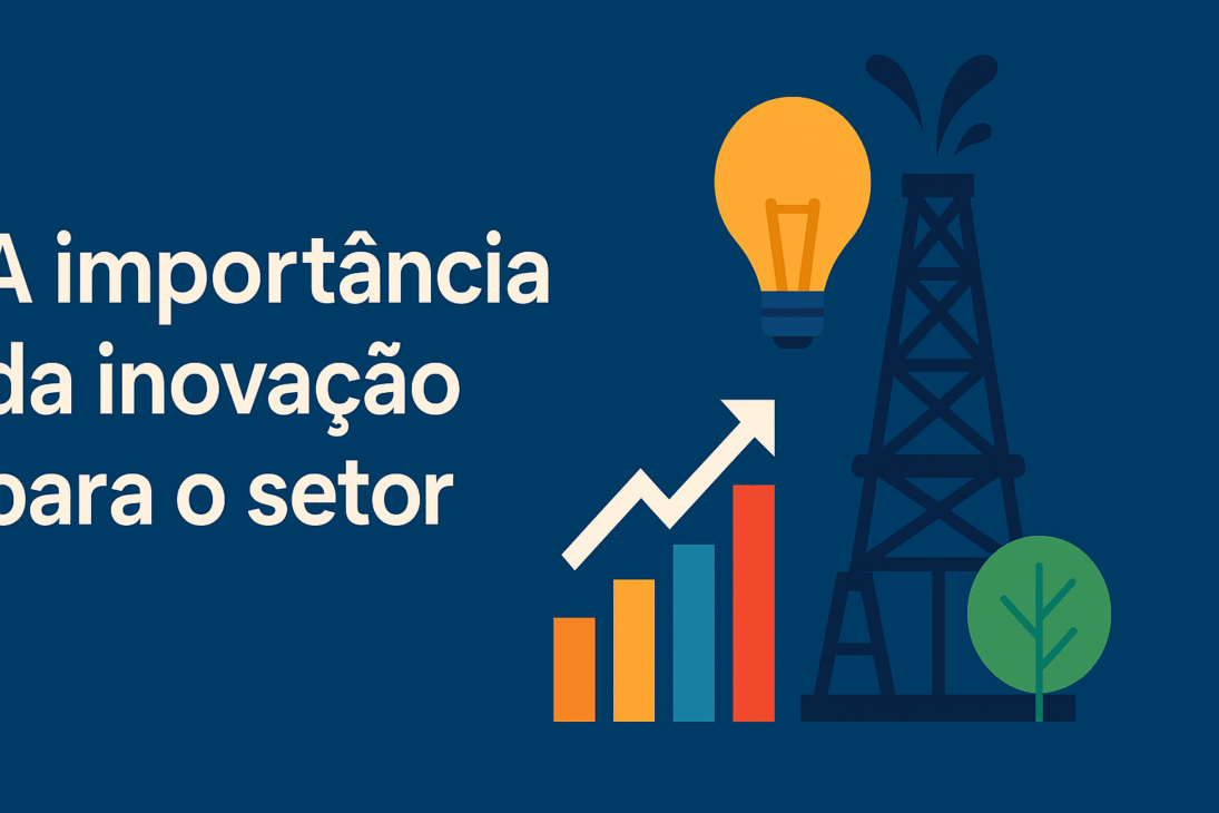 Infografía en estilo flat design con el título “La importancia de la innovación para el sector”, acompañado de íconos que representan una torre de petróleo, una bombilla, un gráfico de barras con flecha de crecimiento y un árbol, simbolizando tecnología, crecimiento y sostenibilidad.