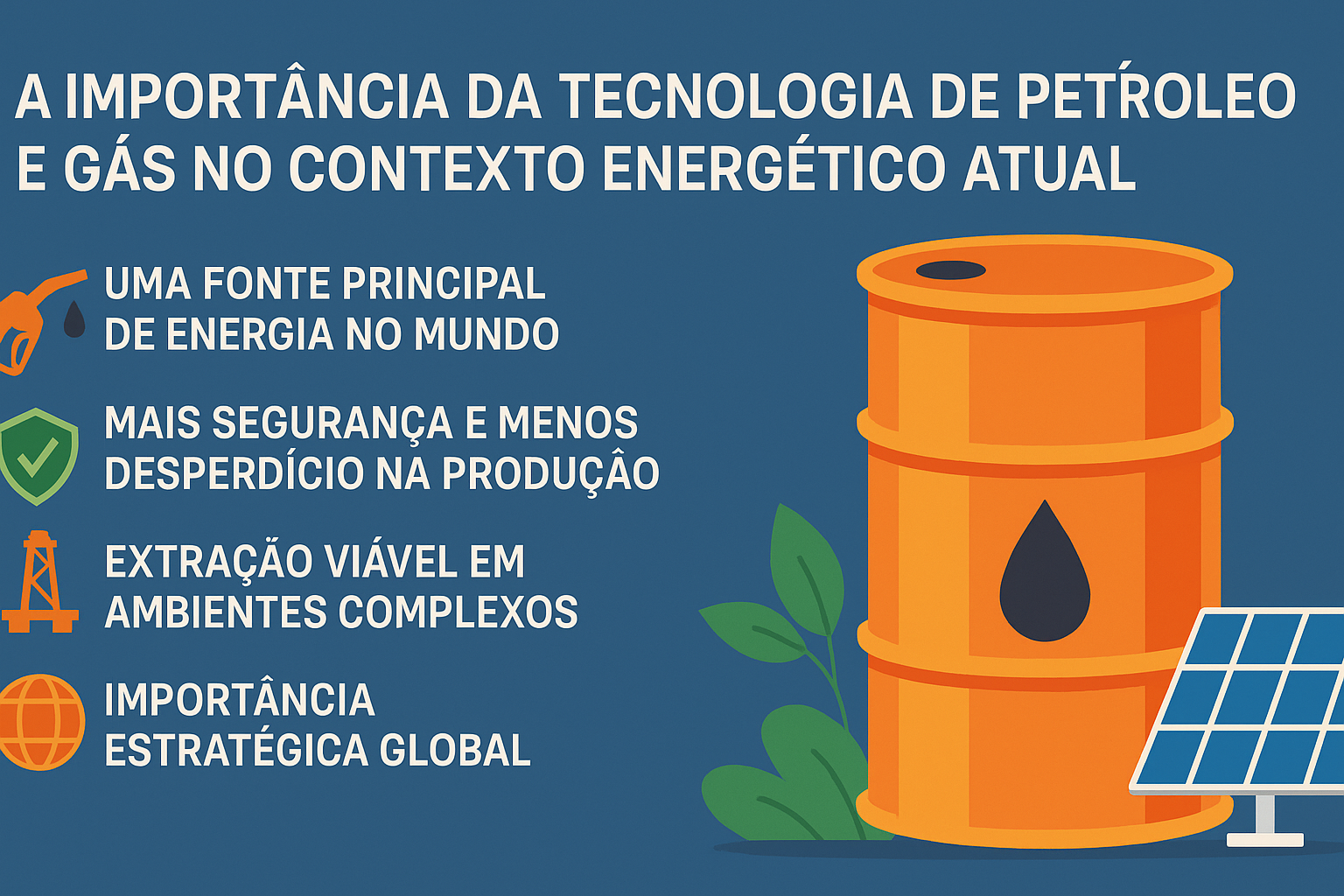 Infográfico sobre la importancia de la tecnología de petróleo y gas en el contexto energético actual, con íconos y texto destacando su relevancia global.