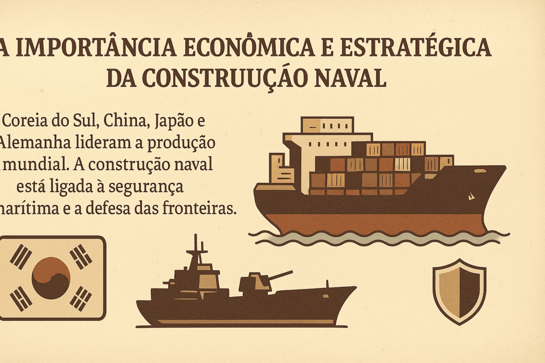 Infografía estilo vintage mostrando un barco carguero, un barco de guerra, la bandera de Corea del Sur y un ícono de escudo, ilustrando el liderazgo global en la producción naval y la conexión con la seguridad marítima.