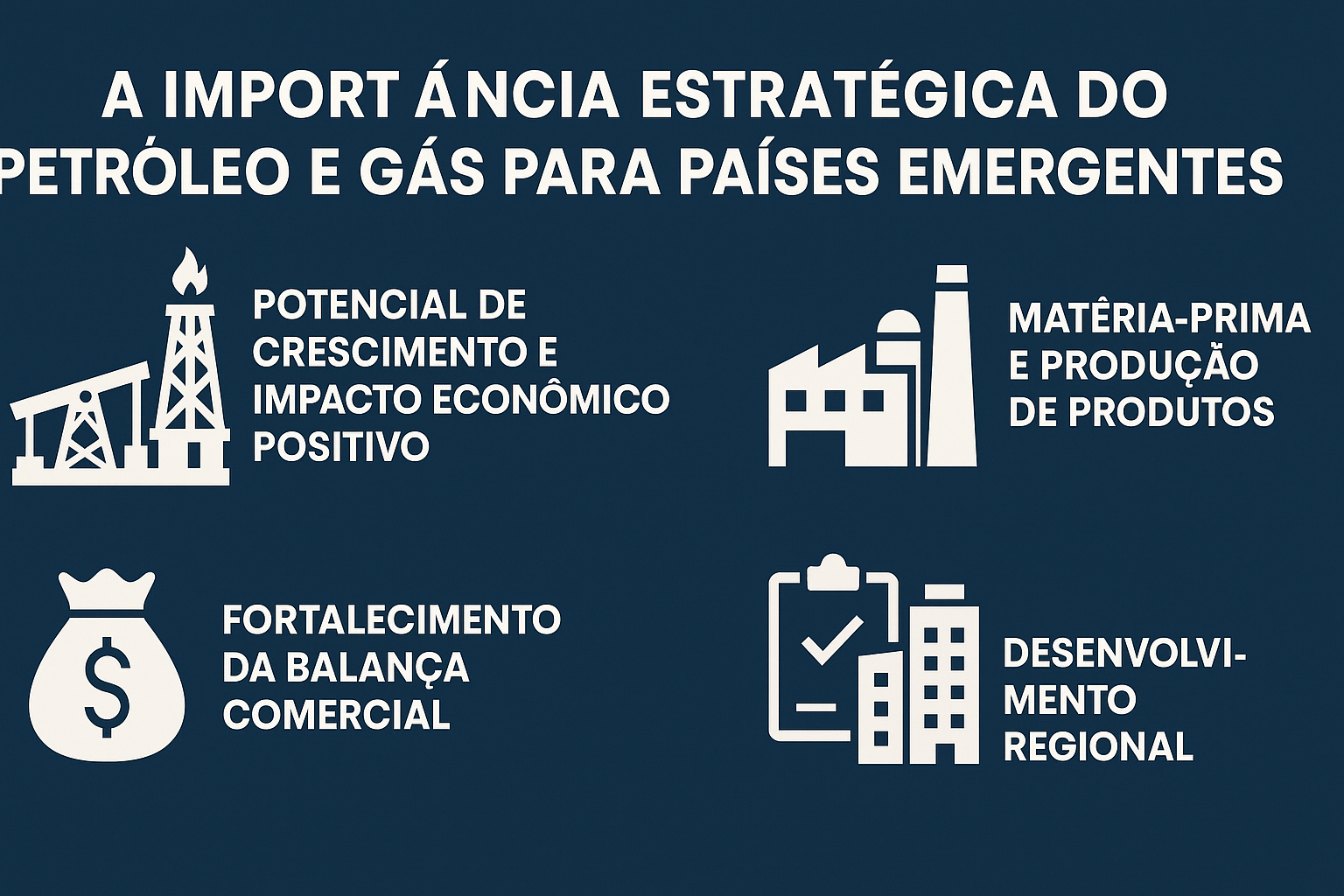 Infográfico destacando la importancia estratégica del petróleo y gas para países emergentes, con íconos representando crecimiento económico, materia prima, balanza comercial y desarrollo regional.