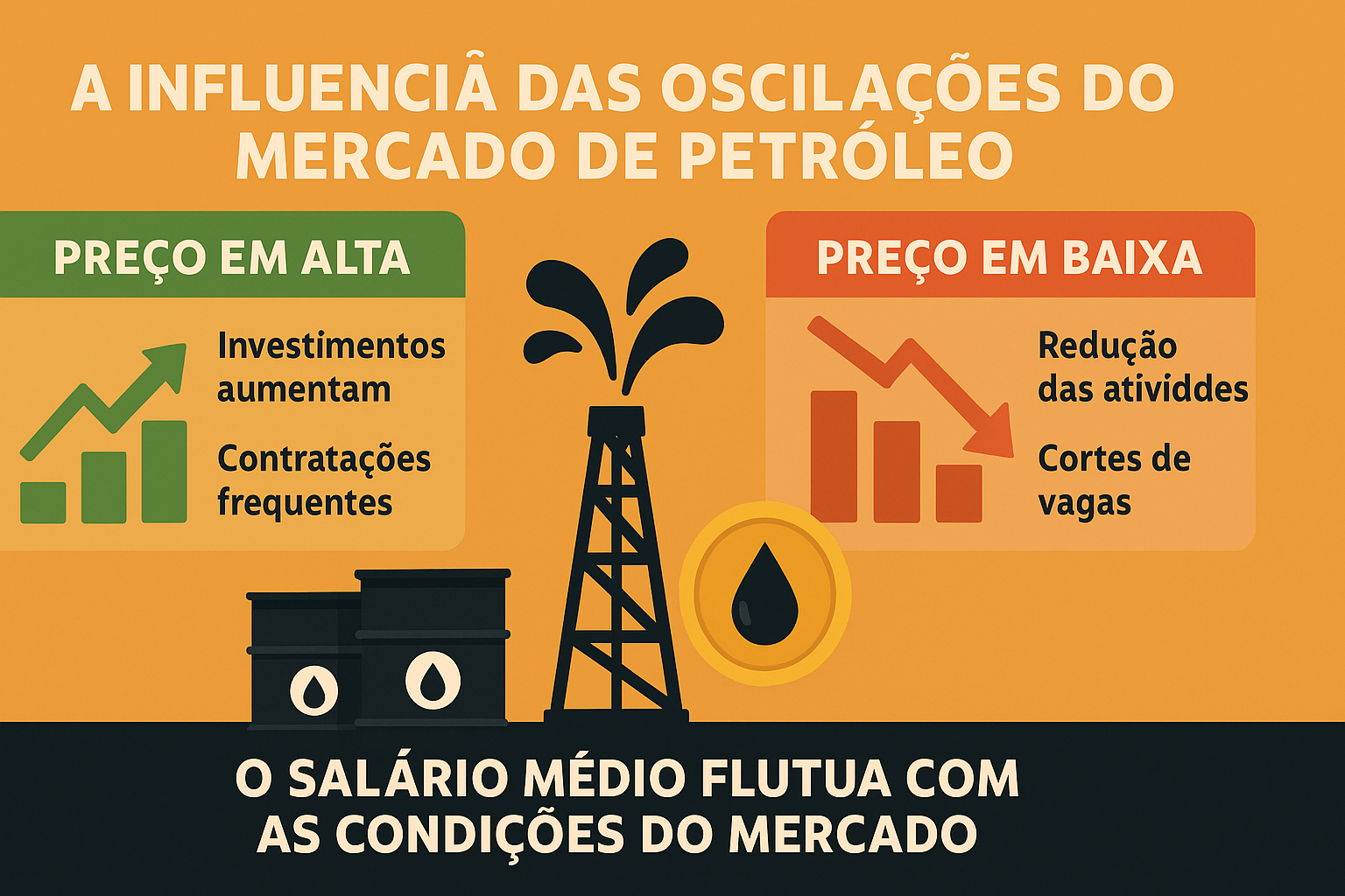 Infográfico ilustrando los efectos de las oscilaciones en el precio del petróleo, con comparaciones visuales entre escenarios de alta y baja.