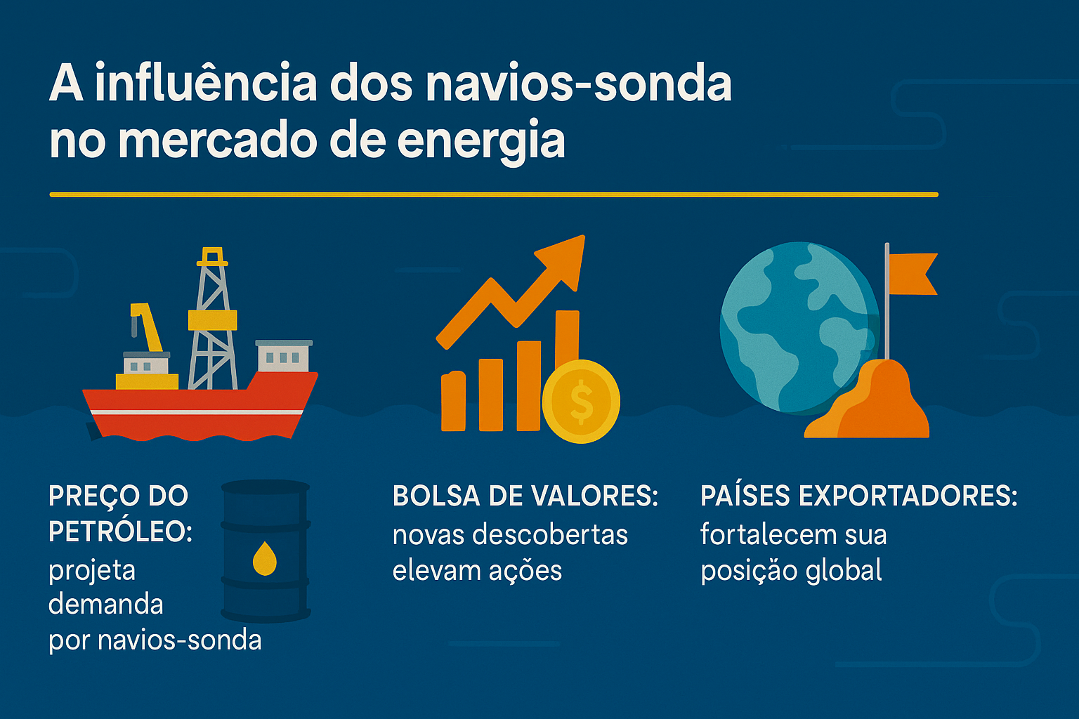 Infografía ilustrando la influencia de los buques de perforación en el mercado de energía, con íconos de buque, barril de petróleo, gráfico financiero y globo terráqueo.