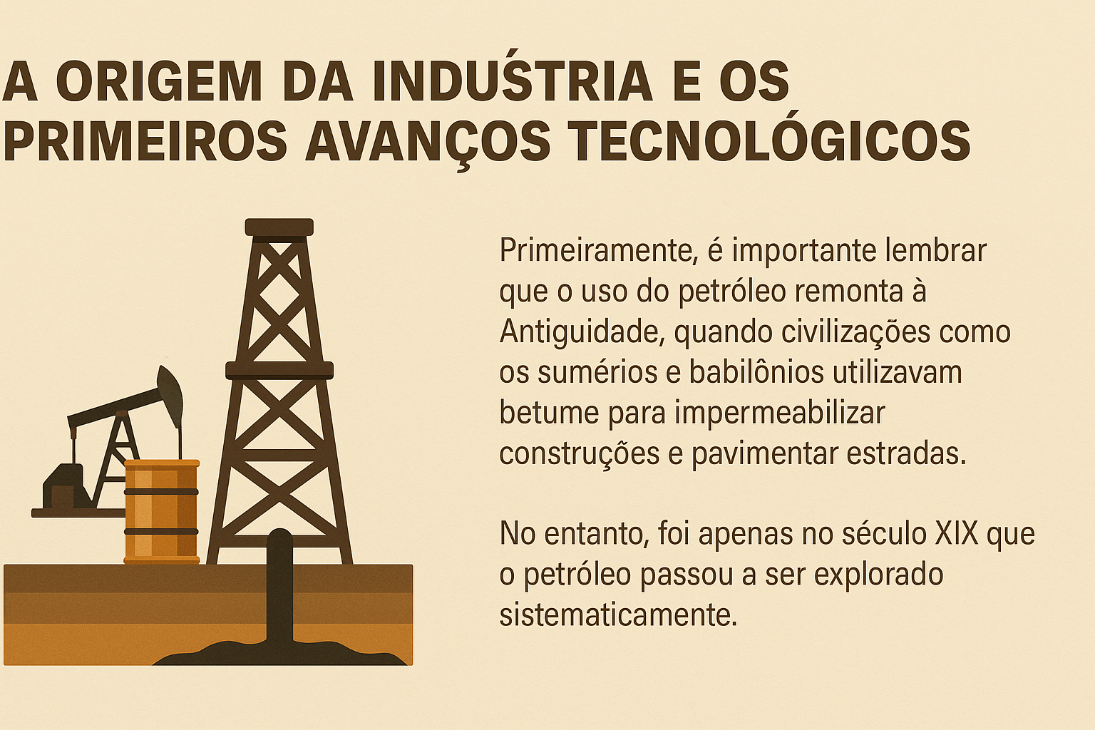 Infográfico en estilo vintage de una torre de perforación de petróleo y un pozo artesanal al lado de un barril, con texto explicando el inicio de la exploración de petróleo en la Antigüedad y en el siglo XIX.