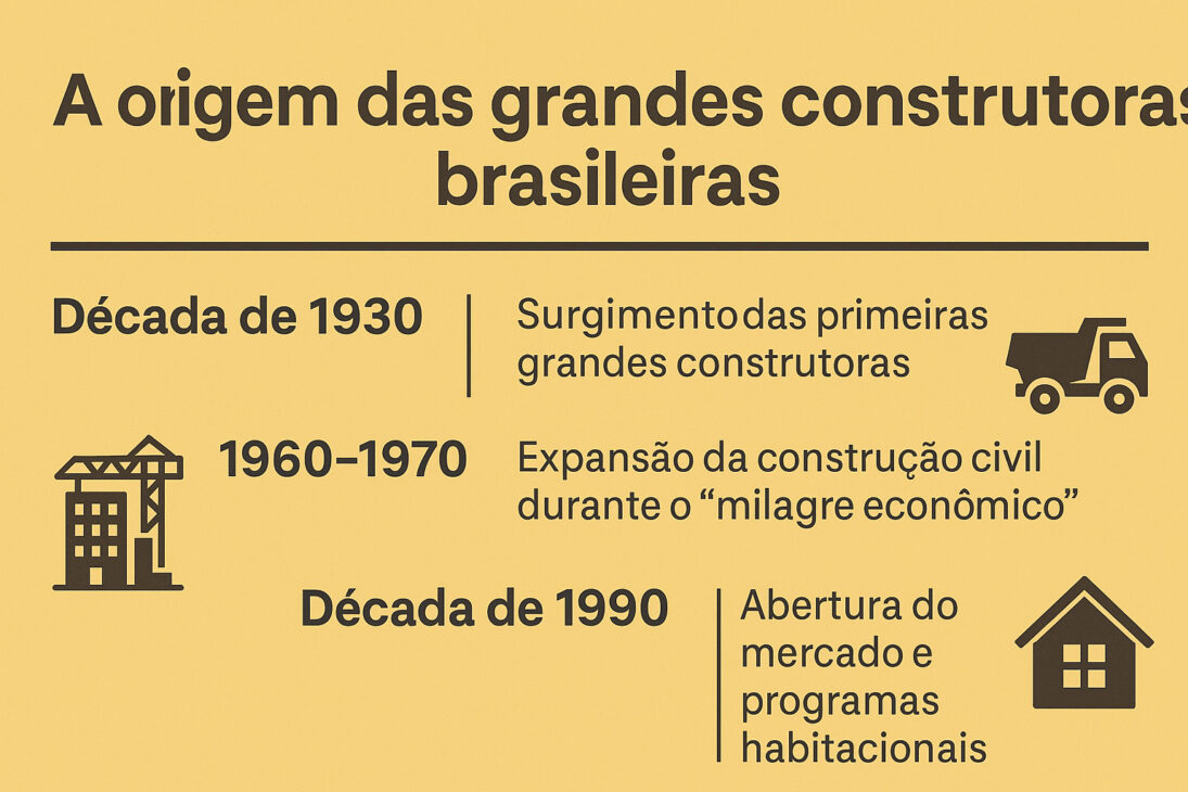 Infografía con línea de tiempo ilustrando la origen de las grandes constructoras brasileñas desde la década de 1930 hasta los años 1990, con íconos representando camión, grúa y casa.