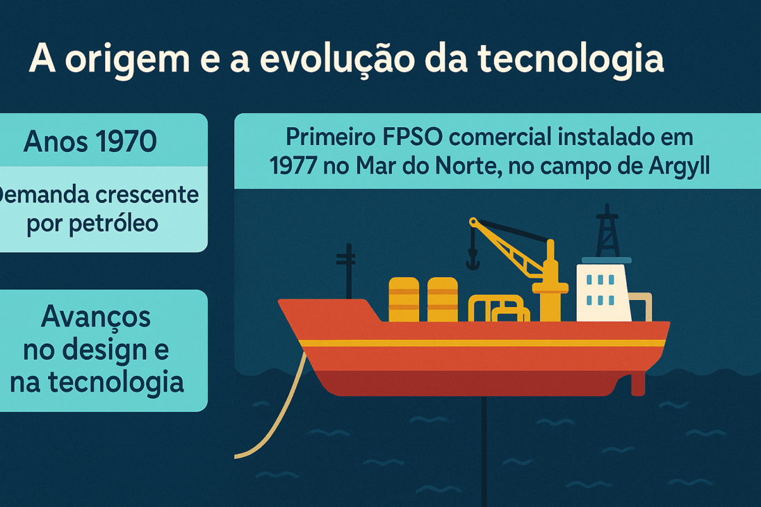 Infografía sobre el origen y evolución de la tecnología FPSO, con destaque para el inicio en los años 1970, el primer FPSO comercial en 1977 y los avances tecnológicos posteriores.