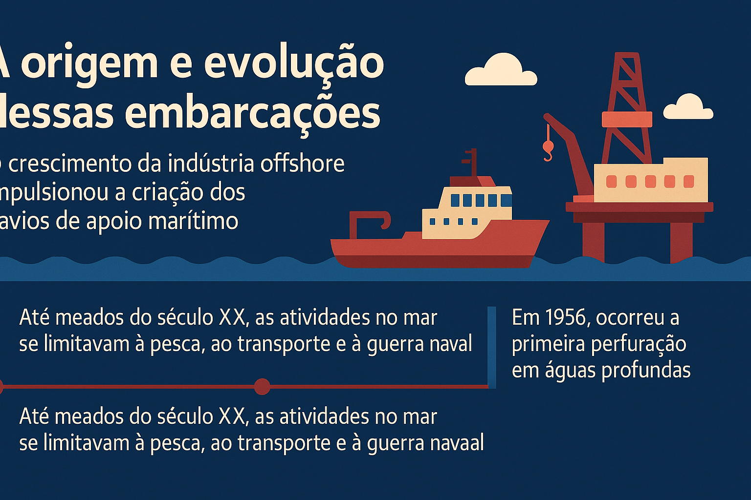 Infográfico ilustrando el origen y evolución de los buques de apoyo marítimo, con barco y plataforma de petróleo, en estilo plano y colores azul, rojo y beige.