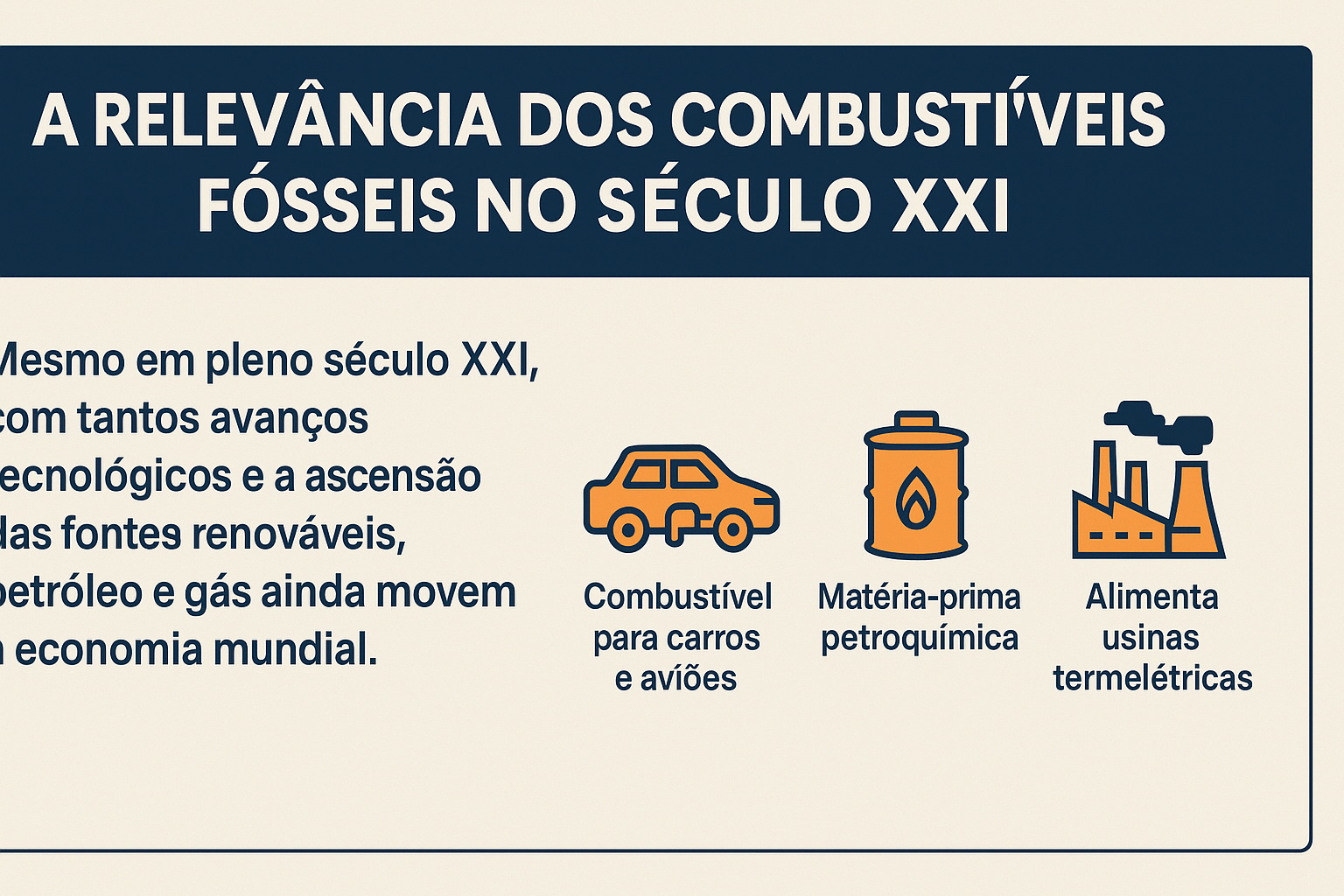 Infografía ilustrando la relevancia de los combustibles fósiles en el siglo XXI, con íconos representando coche, barril de petróleo y planta termoeléctrica.