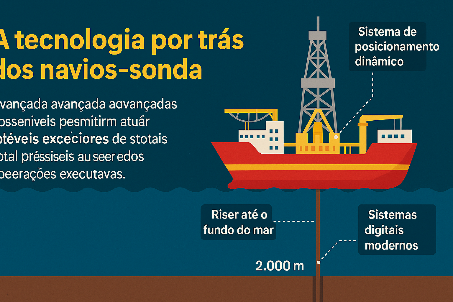 Infografía sobre la tecnología detrás de los buques de perforación, con ilustración de buque en alta mar, torre de perforación y destacados para sistemas tecnológicos como posicionamiento dinámico, riser y control digital.