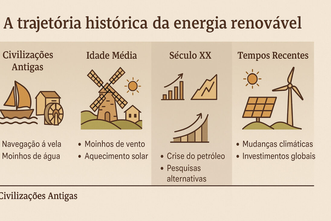 Infográfico ilustrando la trayectoria histórica de la energía renovable, con hitos desde las civilizaciones antiguas hasta los tiempos recientes, incluyendo navegación a vela, molinos de viento, crisis del petróleo y uso de energía solar y eólica.