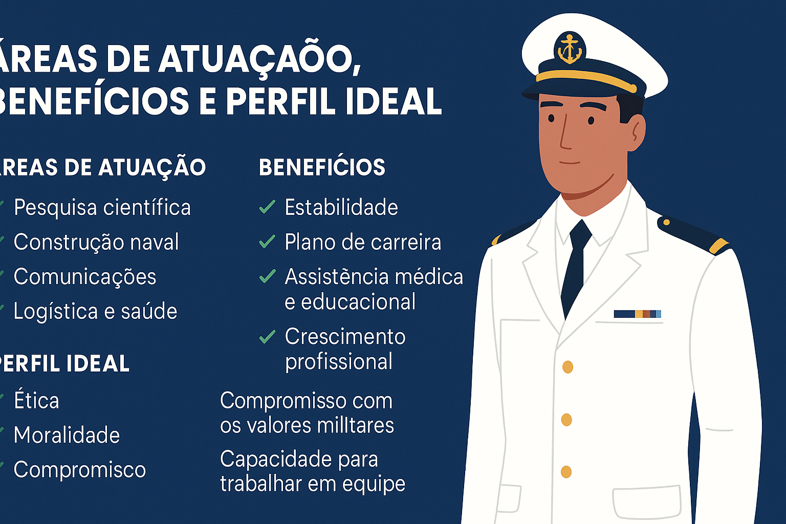 Infografía sobre áreas de actuación, beneficios y perfil ideal para seguir carrera en la Marina de Brasil, con tópicos organizados al lado de un oficial naval ilustrado.