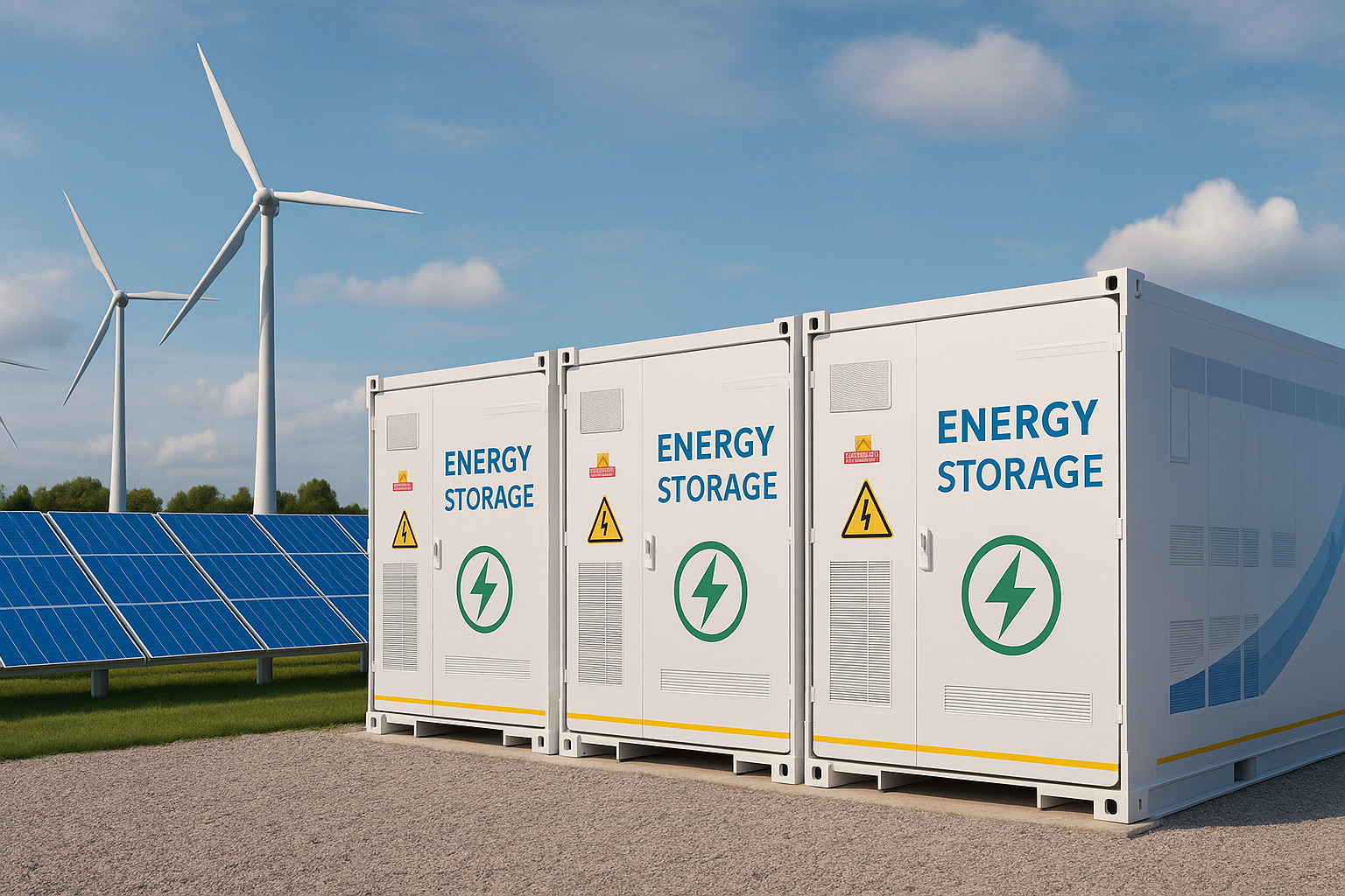 Armazenamento de energia renovável com baterias, painéis solares e turbinas eólicas em um cenário realista.