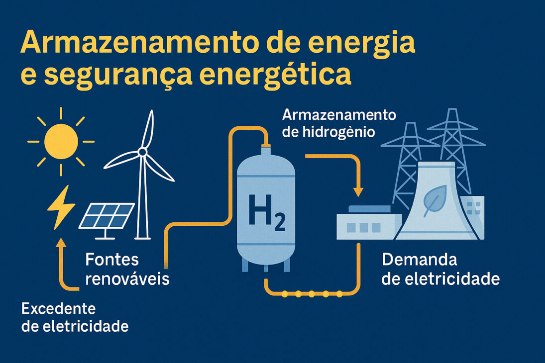 Infografía ilustrando el almacenamiento de energía con hidrógeno verde, a partir de fuentes renovables como solar y eólica, y su uso para garantizar seguridad energética.