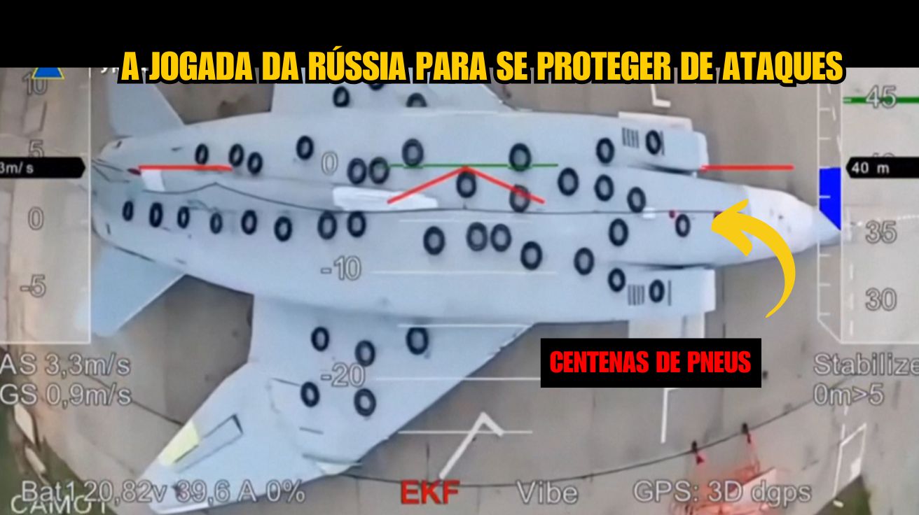Rússia usa pneus para proteger aviões de ataques de drones ucranianos em uma estratégia curiosa que mistura improvisação e alta tecnologia.