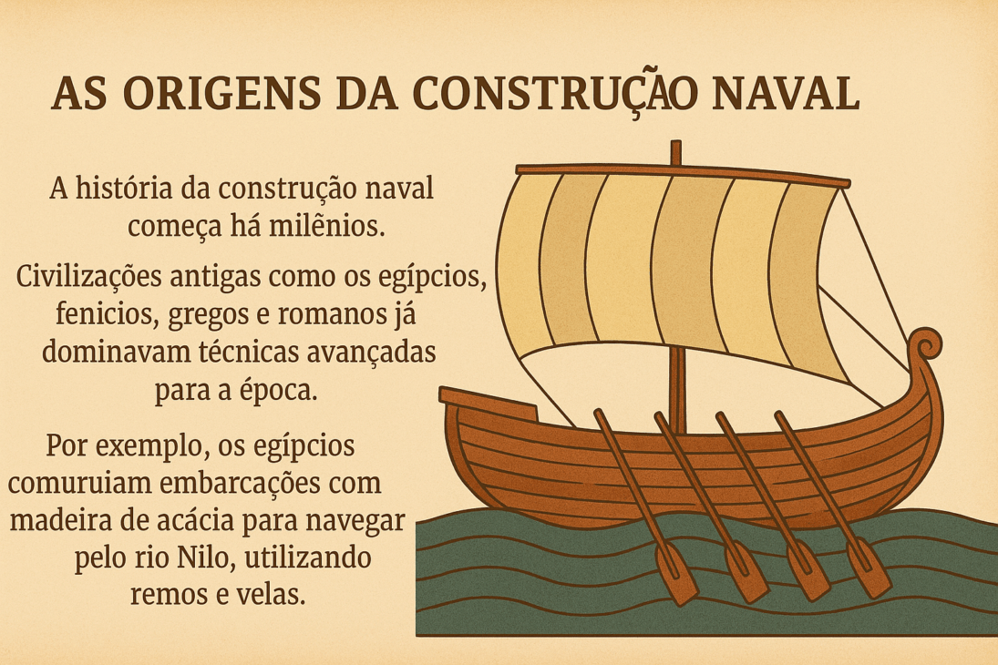 Infografía en estilo vintage mostrando un barco egipcio antiguo con velas y remos sobre olas, al lado de un texto central explicativo sobre el origen de la construcción naval por civilizaciones antiguas como egipcios, fenicios, griegos y romanos.