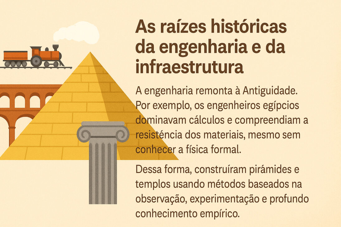 Infográfico ilustrado con pirámide, columna clásica, acueducto y tren a vapor, representando la historia de la ingeniería y de la infraestructura desde la Antigüedad.