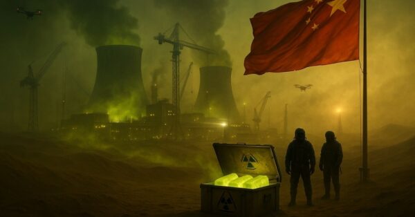 Usina nuclear chinesa em operação no Deserto de Ordos, cercada por dunas, drones de vigilância, luz radioativa e soldados guardando urânio bruto