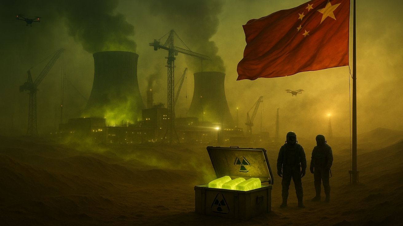 Usina nuclear chinesa em operação no Deserto de Ordos, cercada por dunas, drones de vigilância, luz radioativa e soldados guardando urânio bruto