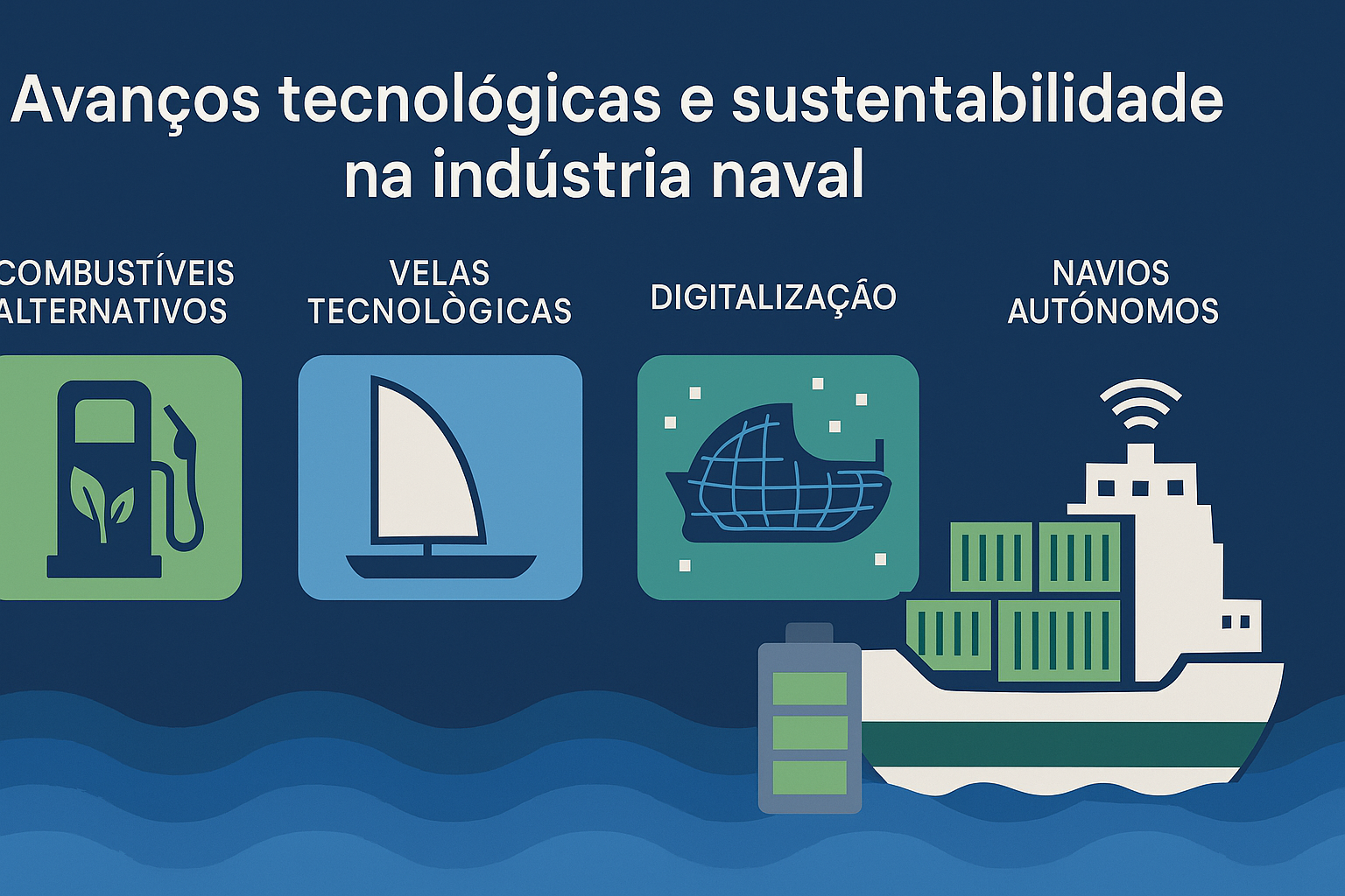 Infográfico ilustrando los avances tecnológicos y la sostenibilidad en la industria naval, con íconos representando combustibles alternativos, velas tecnológicas, digitalización y barcos autónomos.