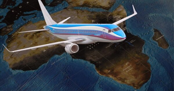 Jato regional voando sobre mapa do continente africano, representando novas rotas diretas e o futuro da aviação regional na África