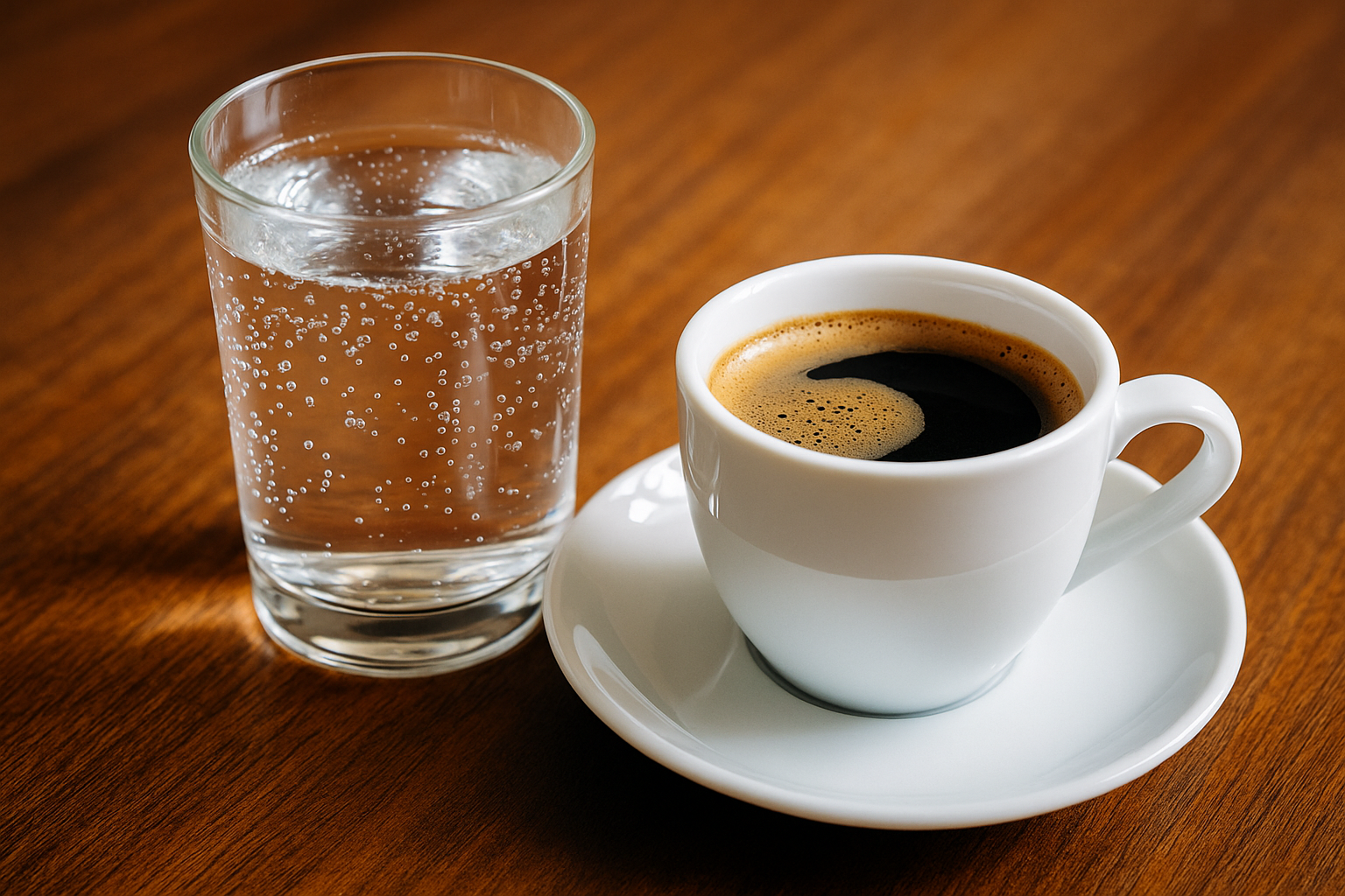 Copo de água com gás ao lado de uma xícara de café expresso sobre mesa de madeira