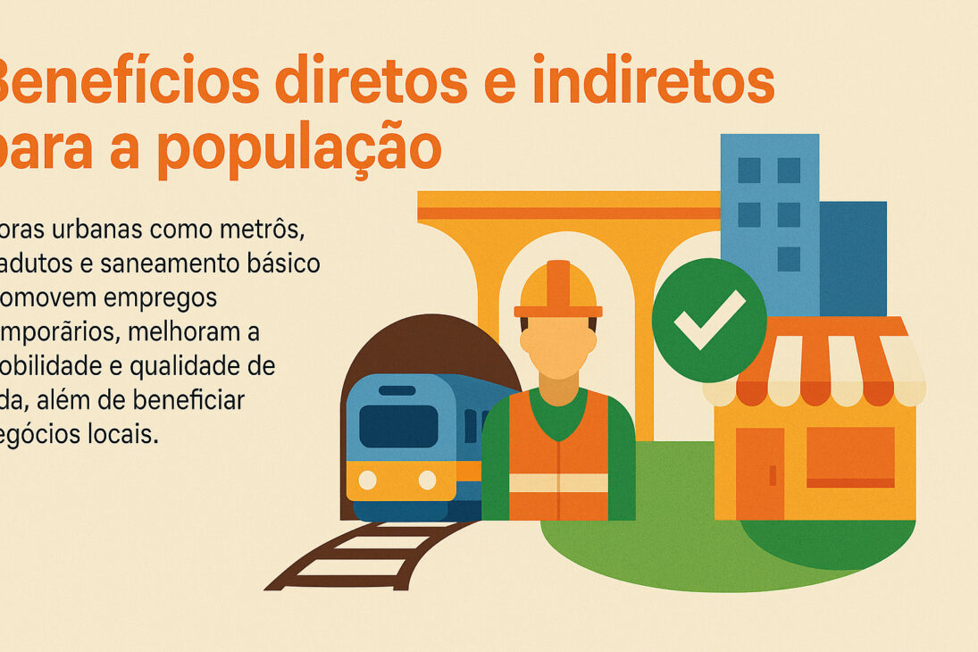 Infográfico ilustrando os benefícios econômicos e sociais de obras urbanas como metrôs, viadutos e saneamento básico, com ícones de trabalhador, trem, loja e construções.
