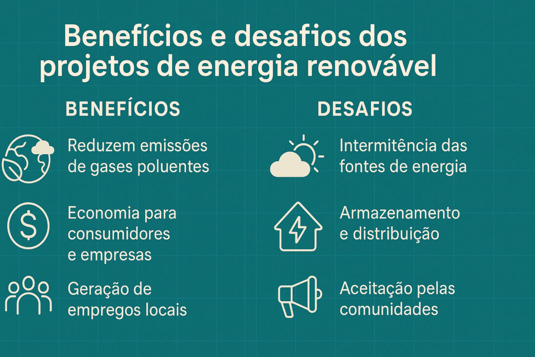Infográfico comparando los beneficios y desafíos de los proyectos de energía renovable, con íconos ilustrativos para cada punto listado.