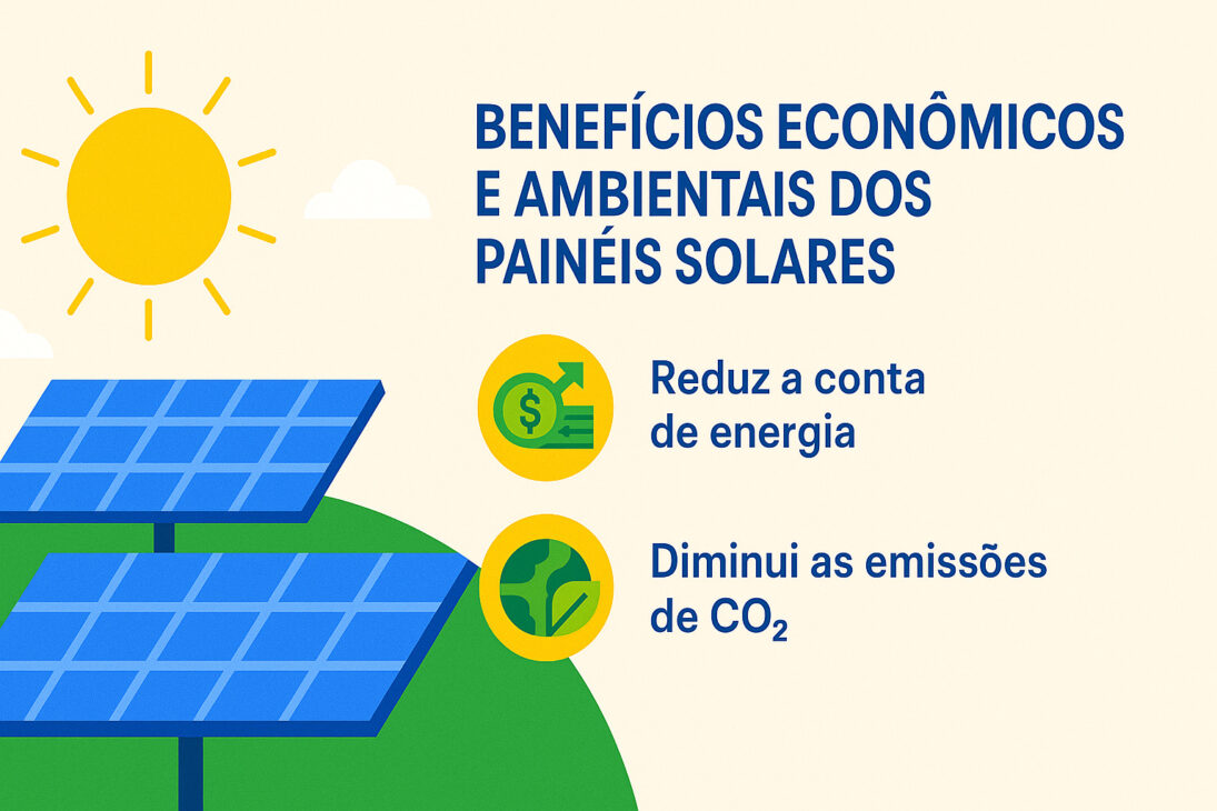 Infográfico con paneles solares bajo el sol e íconos destacando los beneficios económicos y ambientales de la energía solar, como ahorro en la factura de energía y reducción de emisiones de CO₂.