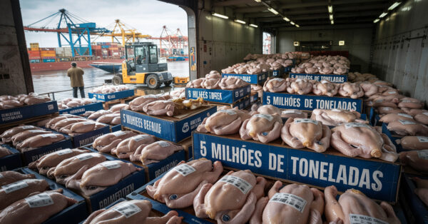 Brasil lidera exportações globais de frango com 5 milhões de toneladas embarcadas, mais de US$ 10 bilhões em receita e presença em 150 países