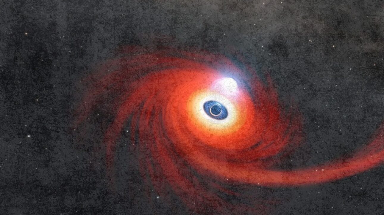 Un Disco De Gas Caliente Gira Alrededor De Un Agujero Negro En Esta Ilustración. Parte De Ese Gas Vino De Una Estrella Que Fue Despedazada Por El Agujero Negro, Formando El Largo Flujo De Gas Caliente A La Derecha, Que Alimenta El Disco.
Créditos: NASA/JPL-Caltech