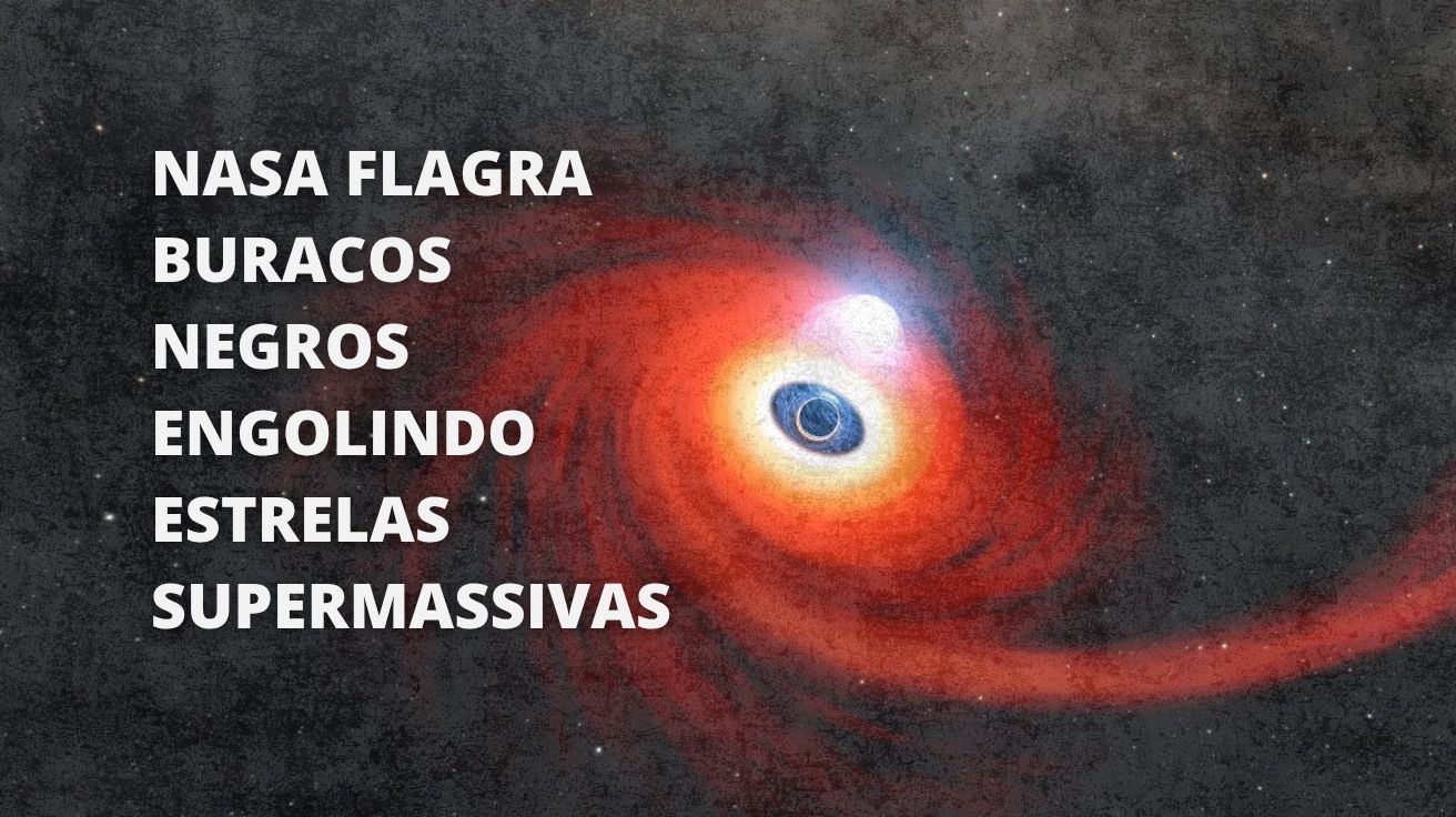 Ilustração de buraco negro engolindo estrela supermassiva com redemoinho de plasma, divulgada pela NASA em estudo sobre transientes nucleares extremos