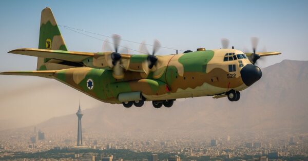 Avião militar C-130 da Força Aérea de Israel sobrevoa Teerã com camuflagem de deserto visível e a Torre Milad ao fundo