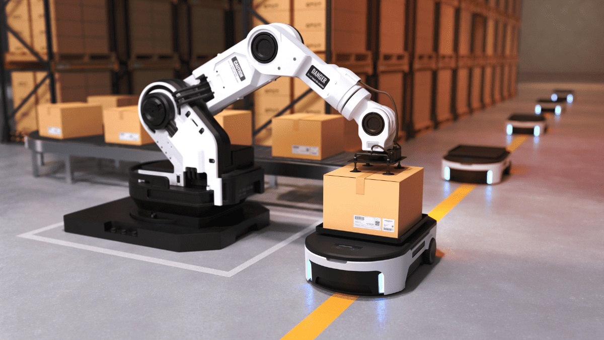 Robôs e braço mecânico automatizam movimentação de caixas em armazém logístico da Amazon