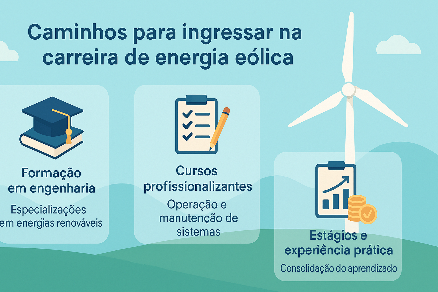 Infográfico mostrando tres caminos para ingresar en la carrera de energía eólica: formación en ingeniería, cursos profesionalizantes y prácticas con experiencia práctica.