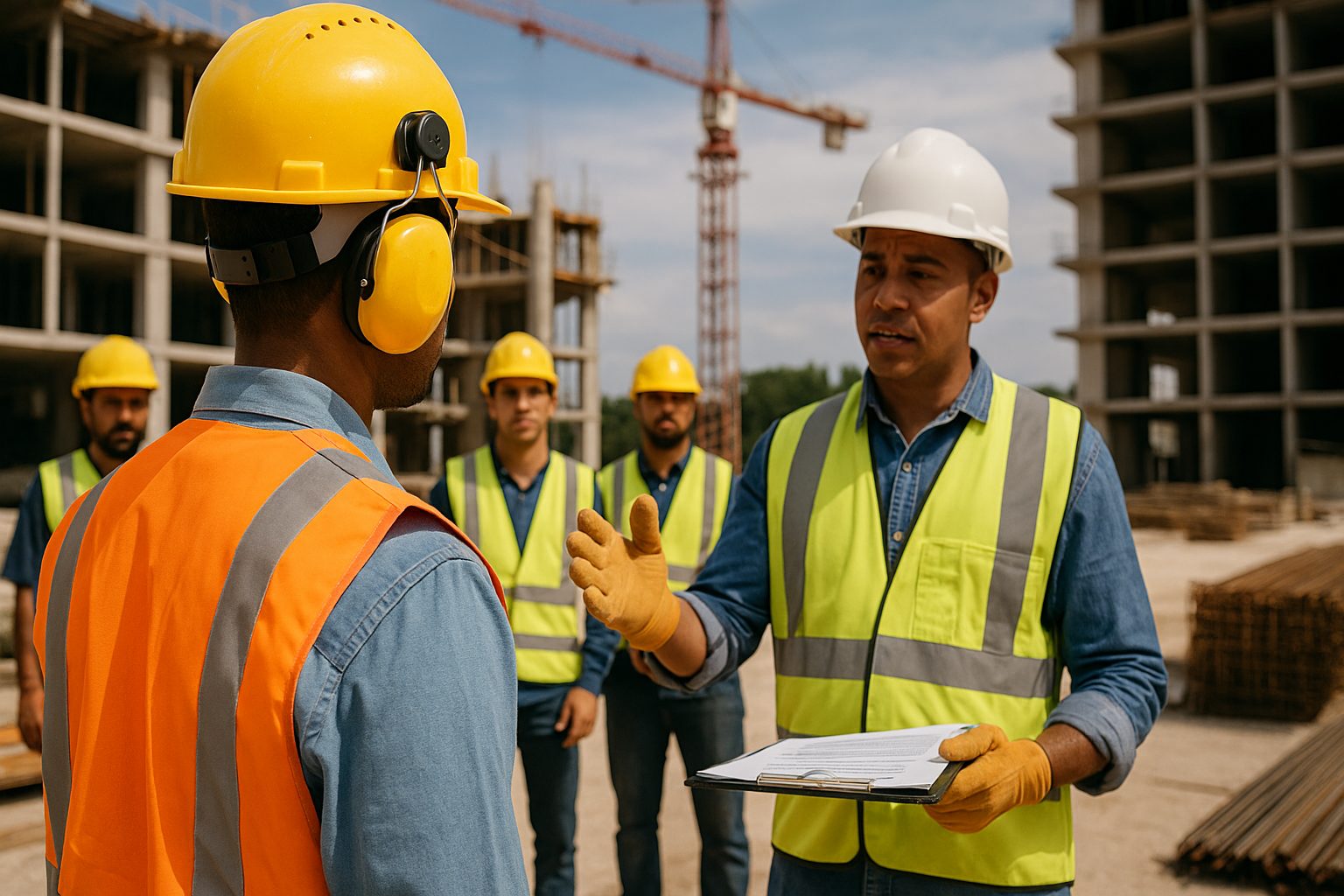 Treinamento de capacitação na construção civil com trabalhadores usando EPIs em canteiro de obras.