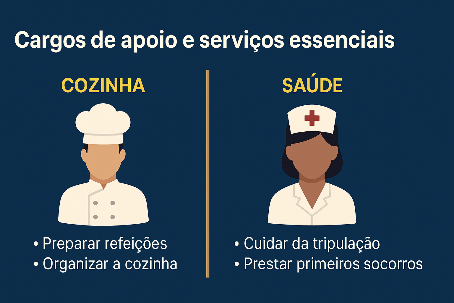 Infográfico en fondo azul oscuro mostrando dos sectores de apoyo en la industria naval: cocina (con un cocinero) y salud (con una enfermera), con descripciones resumidas de las funciones de cada cargo.