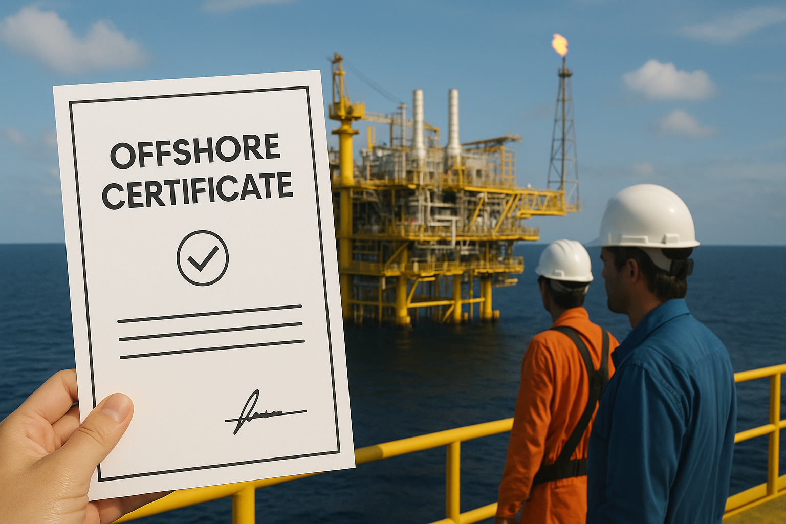 Certificação offshore sendo exibida à frente de uma plataforma marítima com trabalhadores ao fundo.