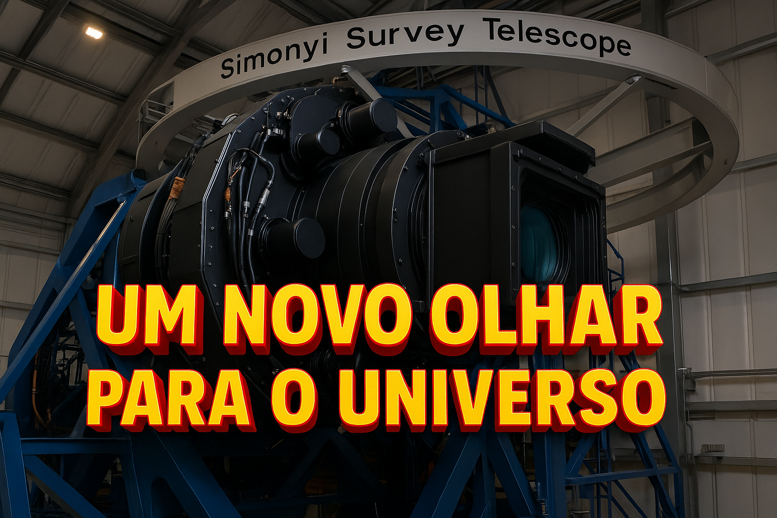 Maior câmera digital do mundo no telescópio Simonyi, com frase "Um novo olhar para o universo" em destaque