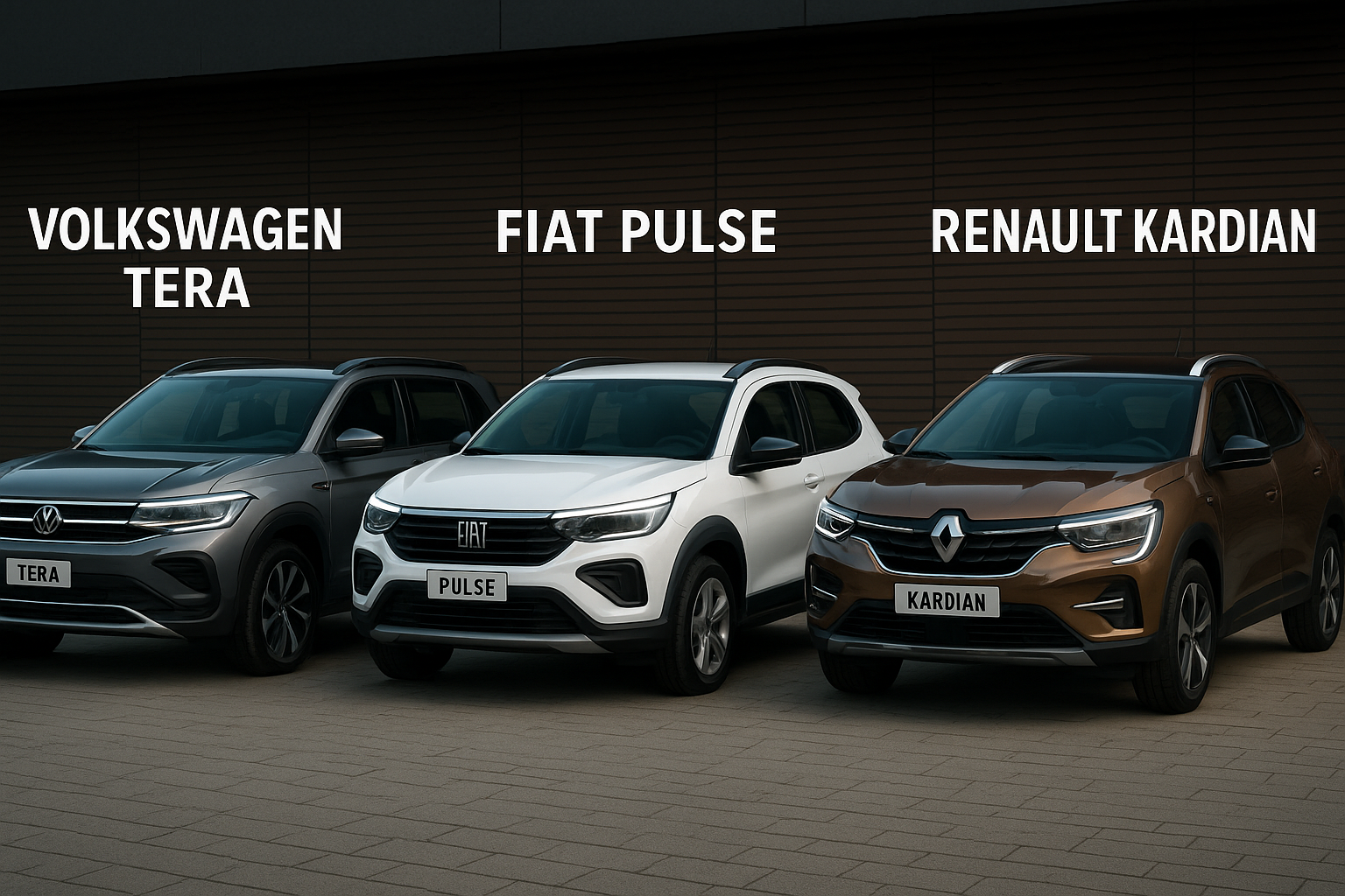 Volkswagen Tera, Fiat Pulse e Renault Kardian lado a lado em estacionamento urbano