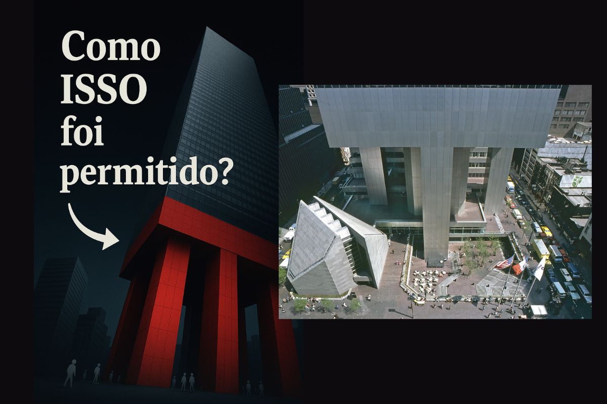 Montagem com ilustração dramática do Citicorp Center com pilares vermelhos e a frase “Como ISSO foi permitido?”, ao lado de uma foto real aérea do edifício original em Nova York.